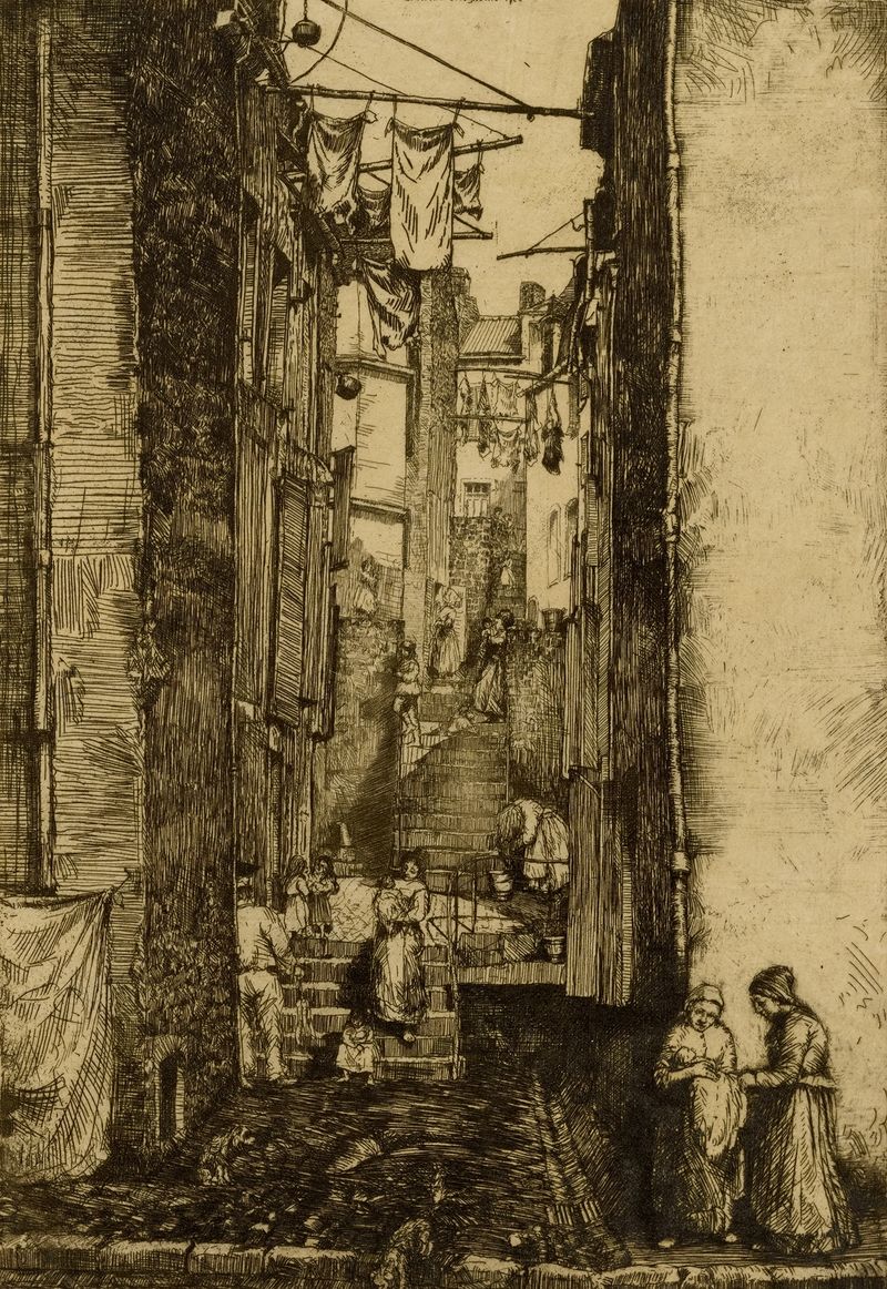Ruelle du Pecheur de Donald Shaw MacLaughlan, óleo sobre tela retratando um caminho em uma vila de pescadores.