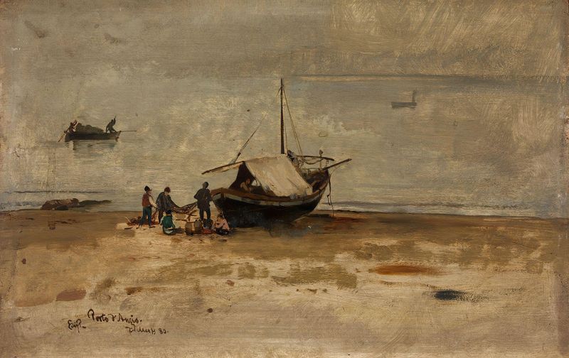 The Beach at Porto d’Anzio by Eilif Peterssen, oil on canvas, depicting figures on a beach under golden light.