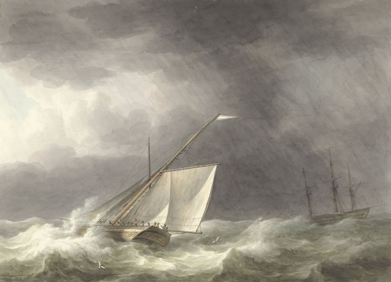 Marine scene with two ships navigating turbulent seas by Martinus Schouman, oil painting
