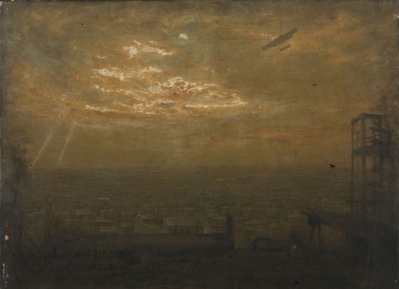 Expressionism landscape depicting an airplane amidst dark swirling clouds by Jean Joseph Enders