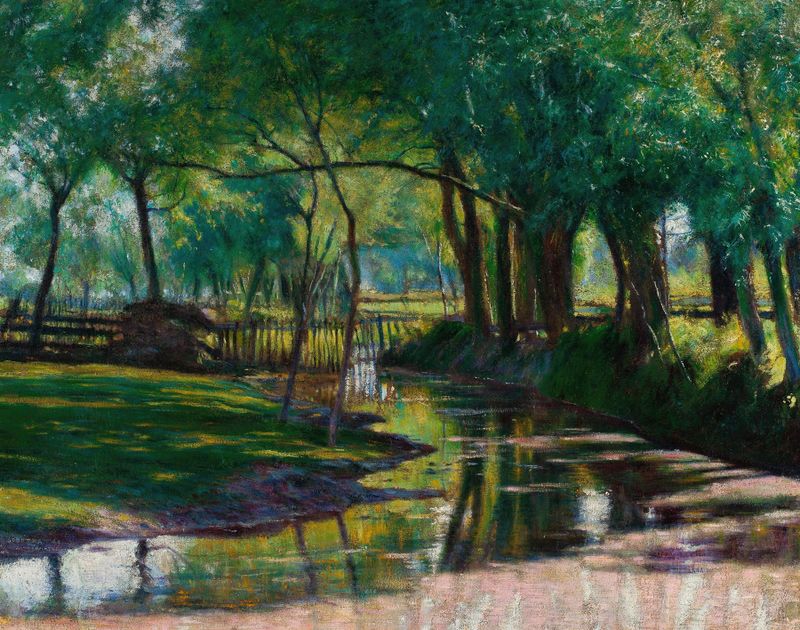Green landscape with a stream, oil painting by Władysław Podkowiński