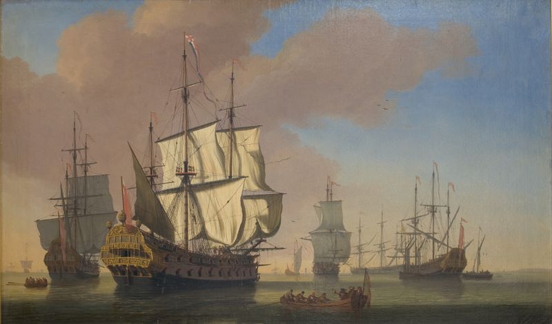 English warships in a roadstead, oil on canvas by Jan Karel Donatus van Beecq