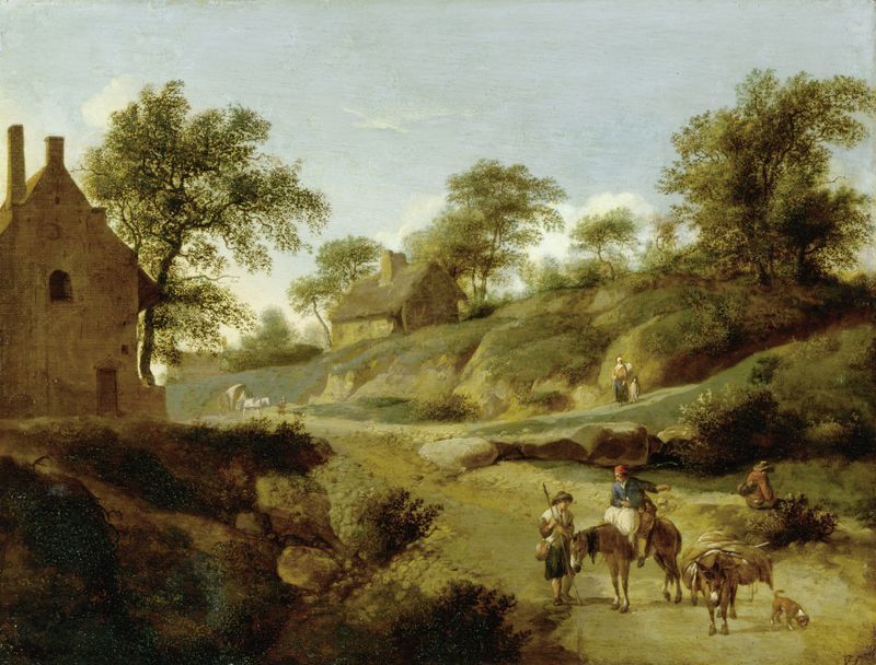 On a Country Road, oil on canvas by Jan van der Heyden, featuring a winding road and lush greenery.