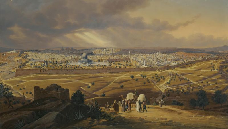 Vista de Jerusalén desde el Monte de los Olivos, óleo sobre lienzo de Hubert Sattler