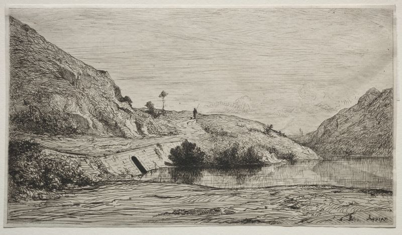 Banks of the Rhone, óleo sobre lienzo de Adolphe Appian, que representa un río al atardecer con árboles.