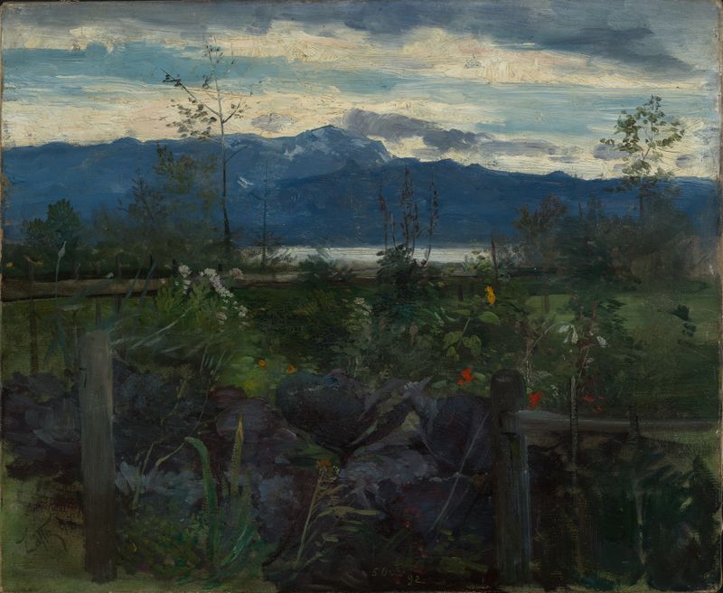 Gärtchen am See de Ludwig von Löfftz, pintura al óleo impresionista que representa un jardín exuberante junto a un lago.