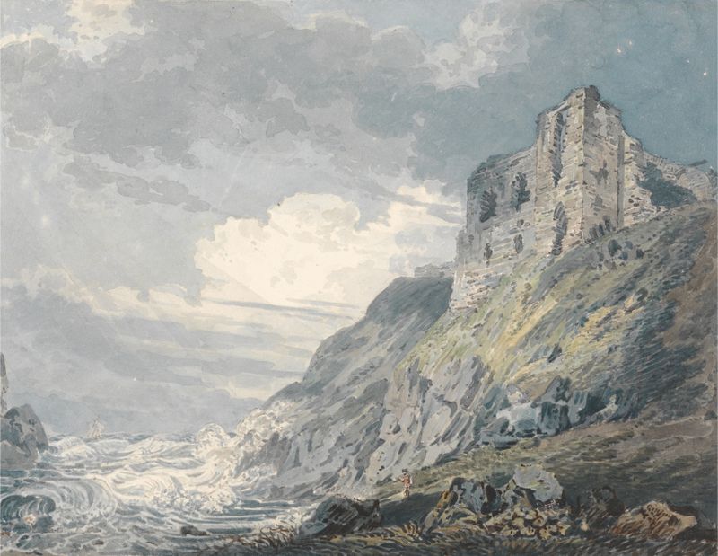 Findlater Castle, Banff de Thomas Girtin, aquarela sobre papel, representa um castelo em uma paisagem escocesa.