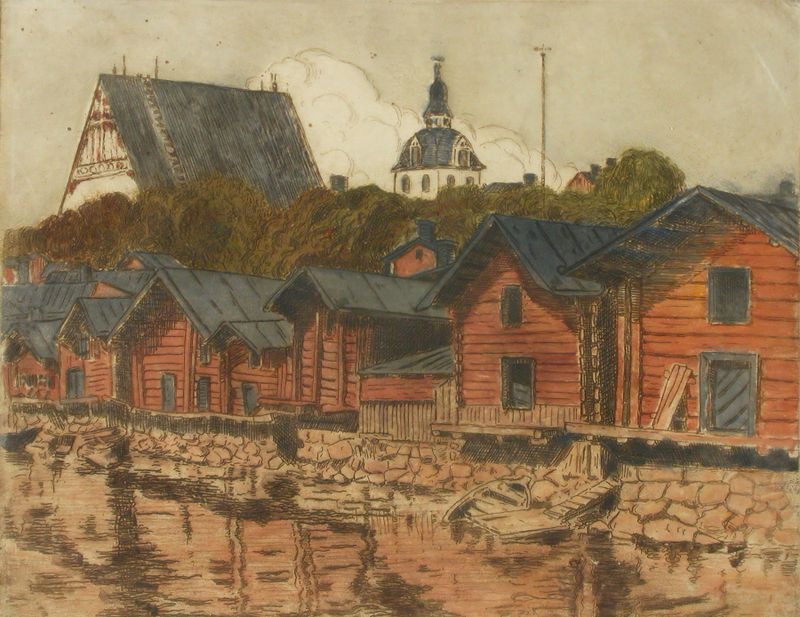 Landscape with river and village buildings, oil on canvas by Alfred William Finch