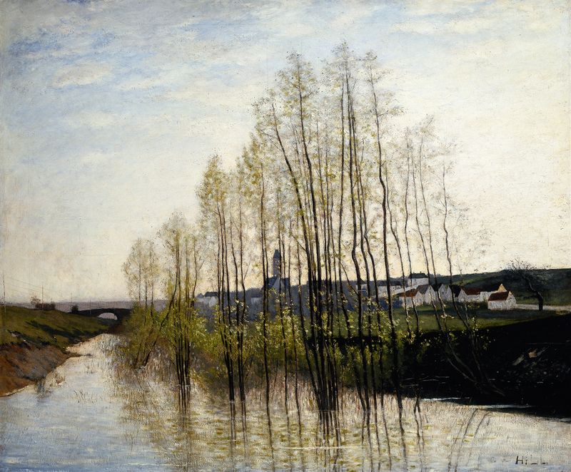River landscape by Carl Fredrik Hill, Post-Impressionism, depicting tranquil waters and lush greenery.