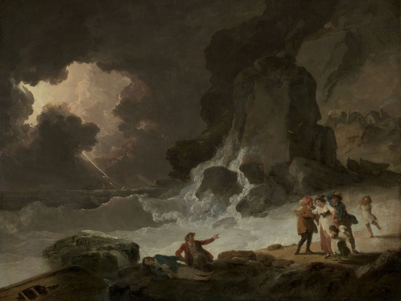 A stormy sea with turbulent clouds, oil painting by Julius Caesar Ibbetson