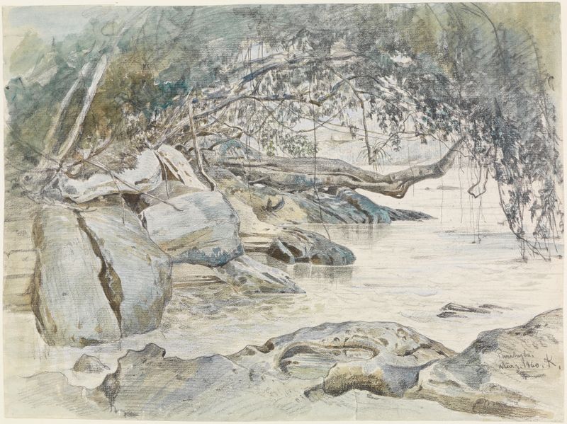 Landscape oil painting by Ferdinand Keller featuring cliffs and a river