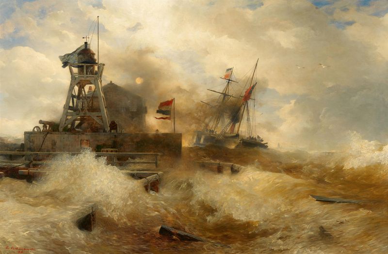 Oil painting by Andreas Achenbach depicting a steamship battling stormy sea waves.