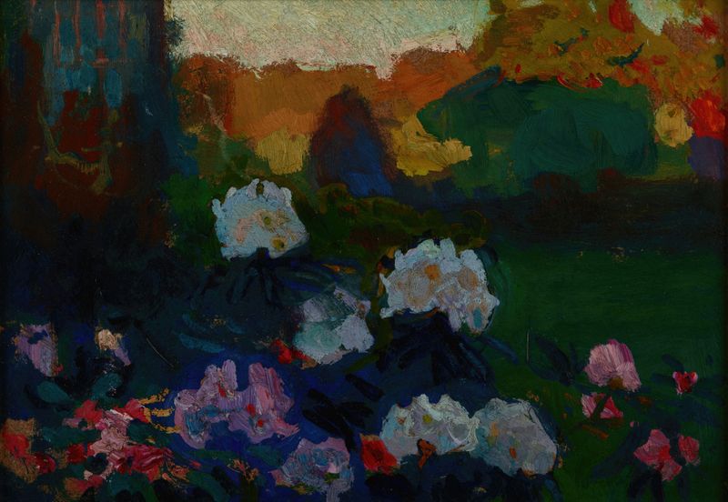 Pintura al óleo Rhododendrons de Jan Stanisławski con flores vibrantes y luz