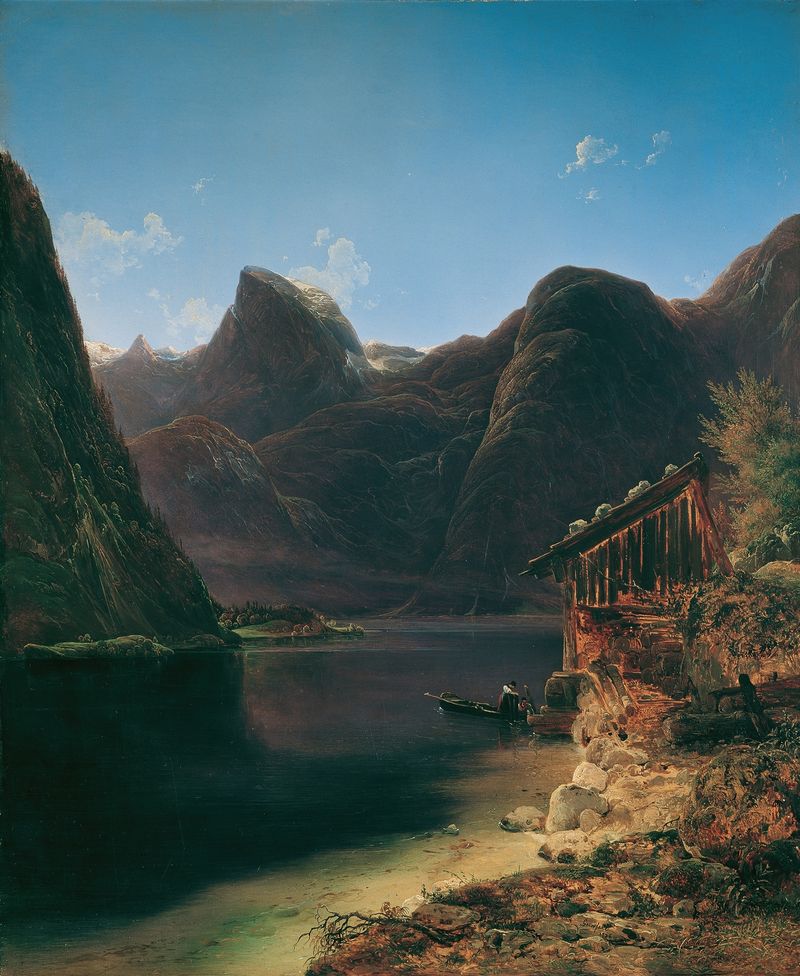Der Hallstätter See by Franz Steinfeld, oil on canvas depicting a tranquil lake and mountains.
