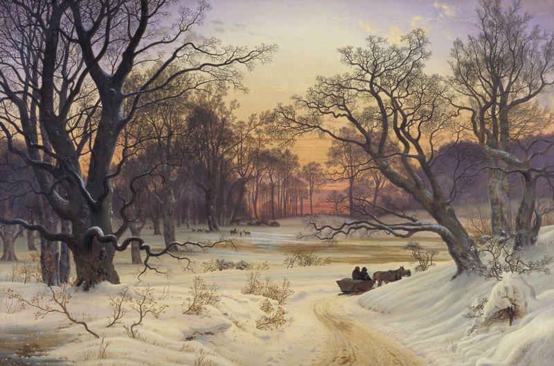 Winter night landscape with trees and snow, oil on canvas by Vilhelm Kyhn