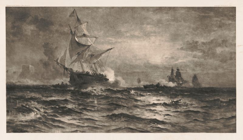 Historical scene of Brigadier General Armstrong confronting a British fleet, oil painting by Edward Moran