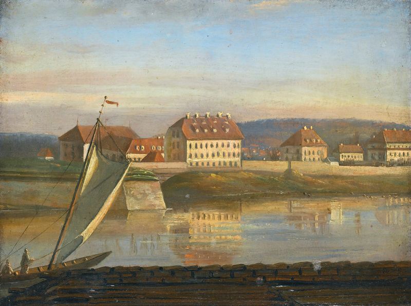 Paisagem do rio Elba e dos quartéis de Johan Christian Dahl, pintura a óleo.