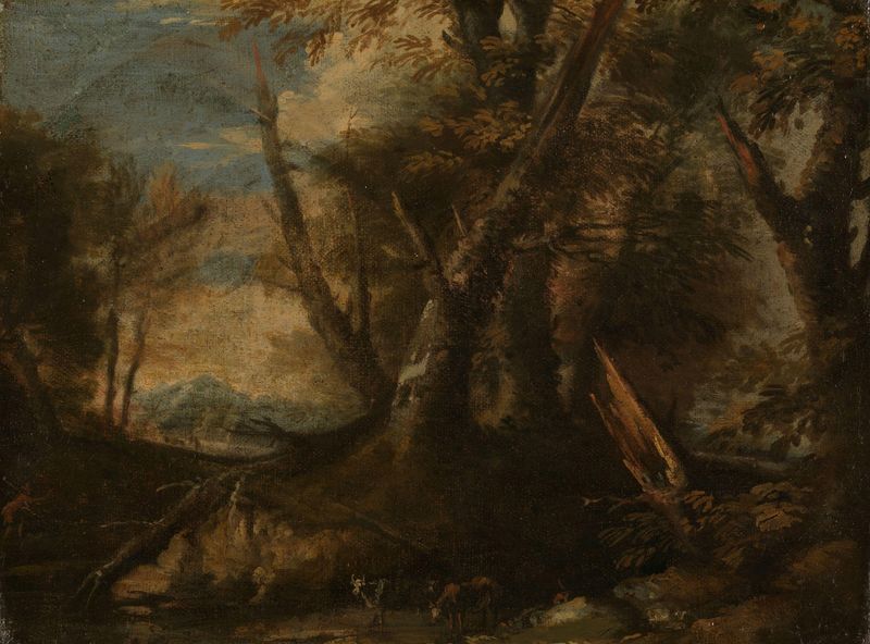 Escena de interior de madera con vigas marrones, artista desconocido
