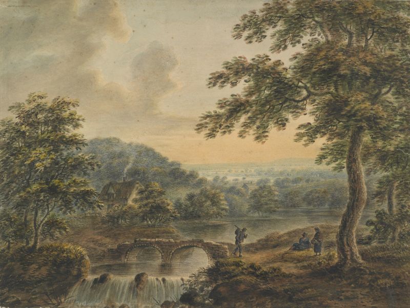Landscape with bridge and waterfall, óleo sobre lienzo de Thomas Walmsley