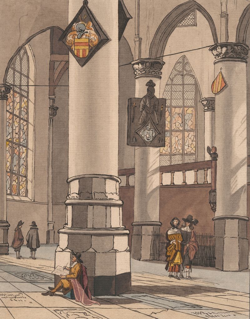 Escena interior de una iglesia con luz iluminando el altar, pintura al óleo de Cornelis Ploos van Amstel.