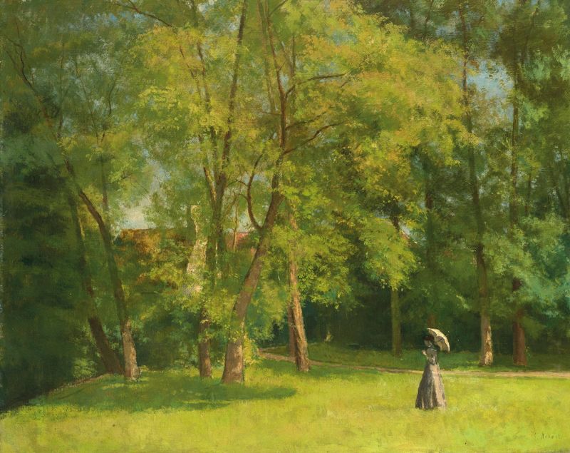 Élégante au parc, oil painting by Henri Stanislas Rouart, featuring a woman in a lavender gown seated in a park.