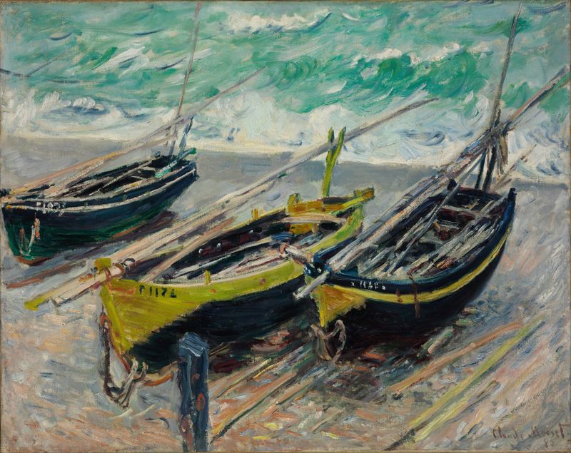 Três barcos de pesca em ondas azuis, óleo sobre tela de Claude Monet