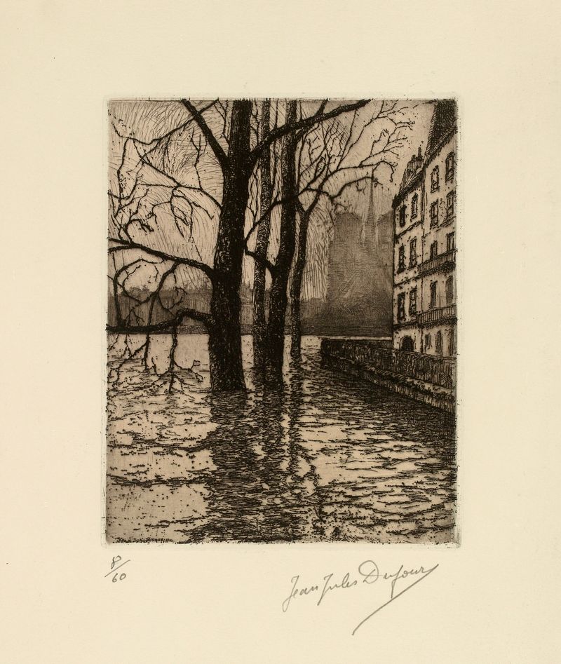 Le Quai d’Orléans – Inondations by Jean-Jules Dufour, oil painting depicting a river landscape.