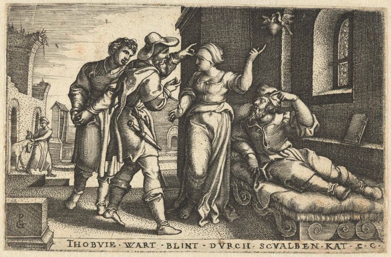 Grabado de Georg Pencz que representa a Tobit cegado por excrementos de aves.