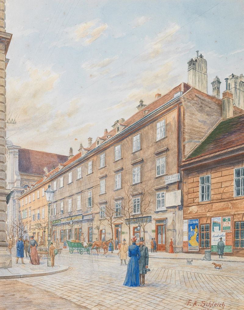 Landscape oil painting by Franz Xaver Schleich depicting a quiet street scene.