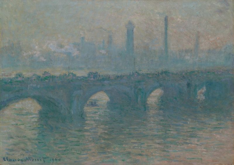 Waterloo Bridge, Gray Weather by Claude Monet, oil on canvas depicting a foggy river landscape.