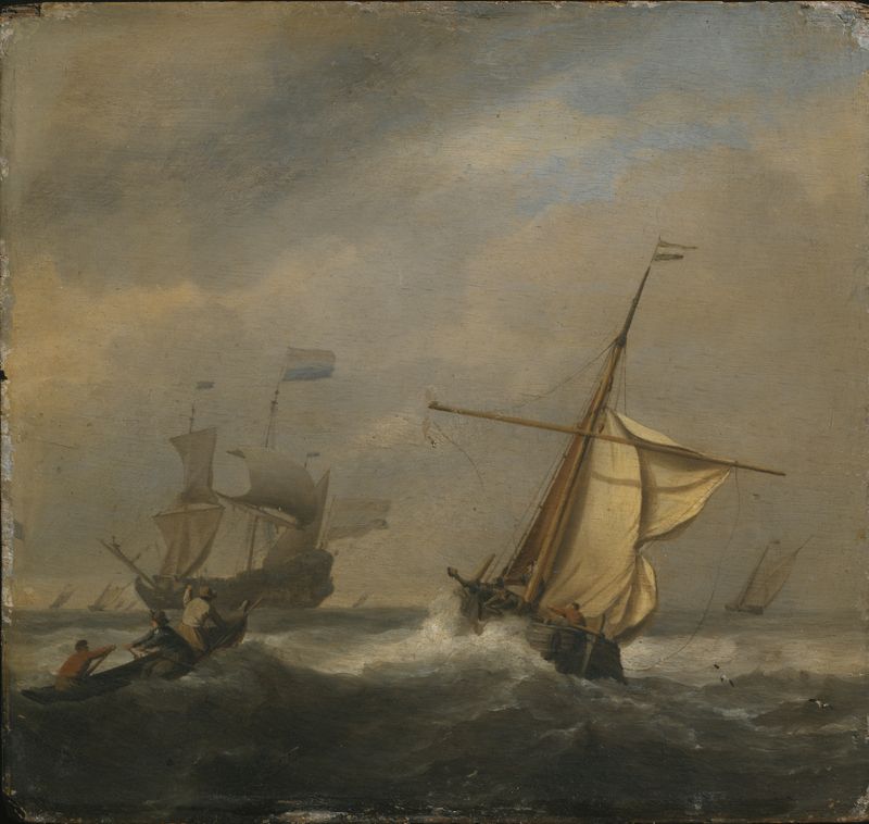 Barcos de pesca ancorados em um porto, óleo sobre tela de Willem van de Velde o Jovem