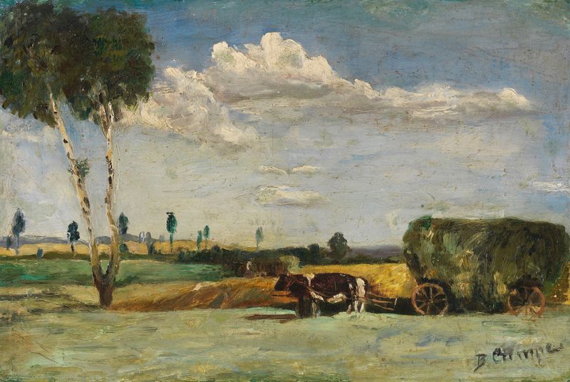 Kleine Landschaft mit Heuwagen by Bruno Gimpel, oil on canvas depicting a hay wagon in a tranquil landscape