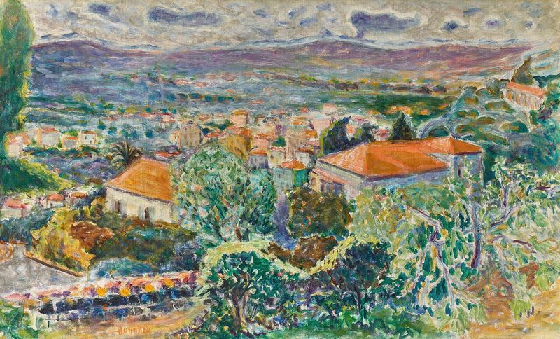 Vue de Cannet de Pierre Bonnard, pintura a óleo que retrata telhados e uma paisagem vibrante