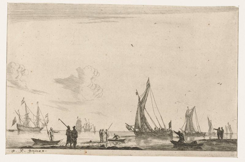 Gravura marinha de Reinier Nooms retratando barcos à vela sobre água cintilante
