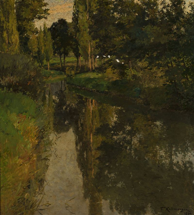 Paisaje con un arroyo de Friedrich Kallmorgen, pintura al óleo que muestra una escena natural serena.
