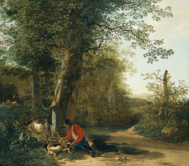 A peasant and his dog in a forest, oil on canvas by Adam Pynacker