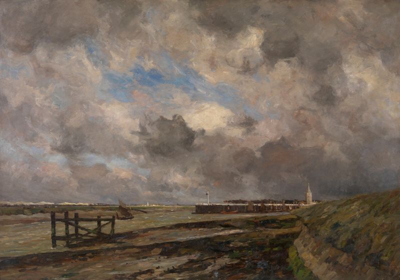 Showery Weather in Nieuwpoort, óleo sobre lienzo de Victor Gilsoul, que representa figuras con paraguas bajo la lluvia.