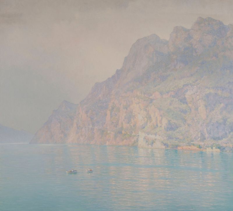 Paisagem do Lago de Garda ao crepúsculo, óleo sobre tela de Henry Brokman