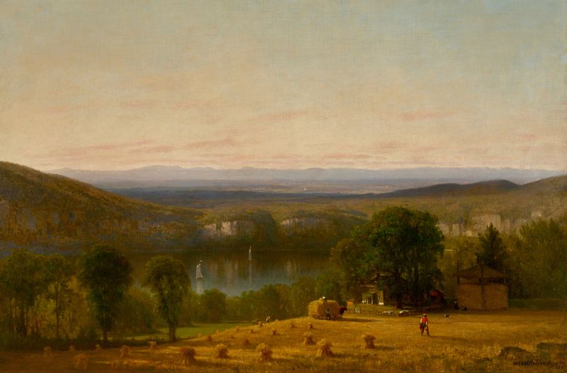 Landscape of a golden hayfield in summer by Thomas Worthington Whittredge, oil painting