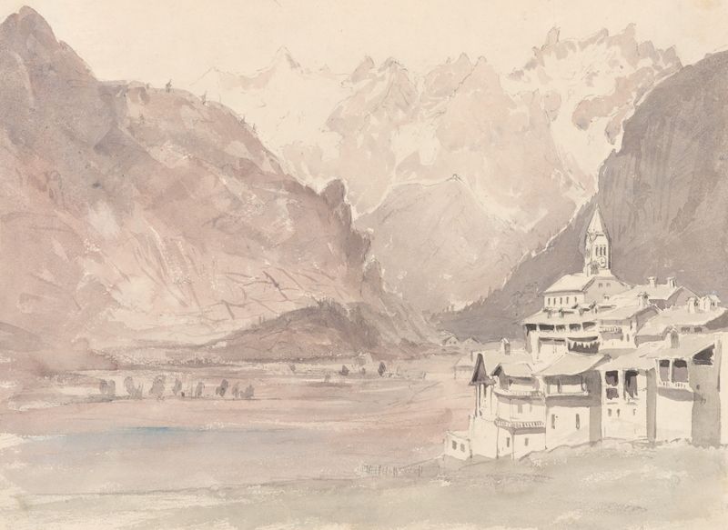 Swiss Mountain Landscape de John Ruskin, que representa montañas y praderas en un medio desconocido.