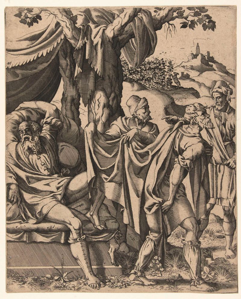 Dronkenschap van Noach de Hans Liefrinck, grabado que muestra a Noé en una tienda