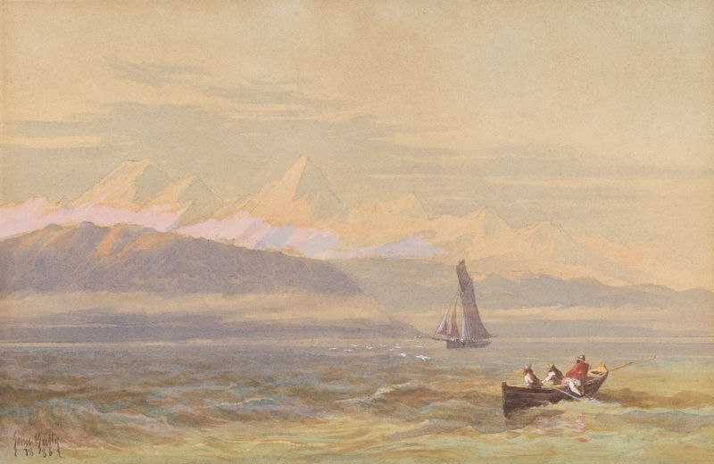 Cena costeira da Nova Zelândia por John Gully, óleo sobre tela, com ondas e areias douradas.