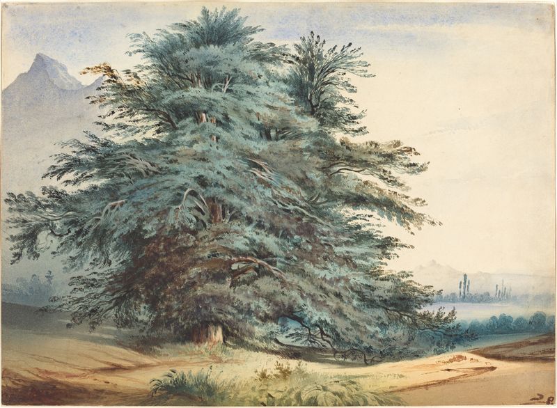 Dos Árboles Antiguos ante un Pico Montañoso de Jules Dupré, óleo que muestra árboles y montañas