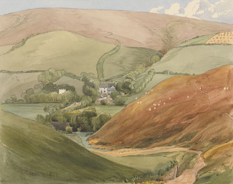 Oare Village de Rev. James Bulwer, aquarela sobre papel representando cottages e natureza.