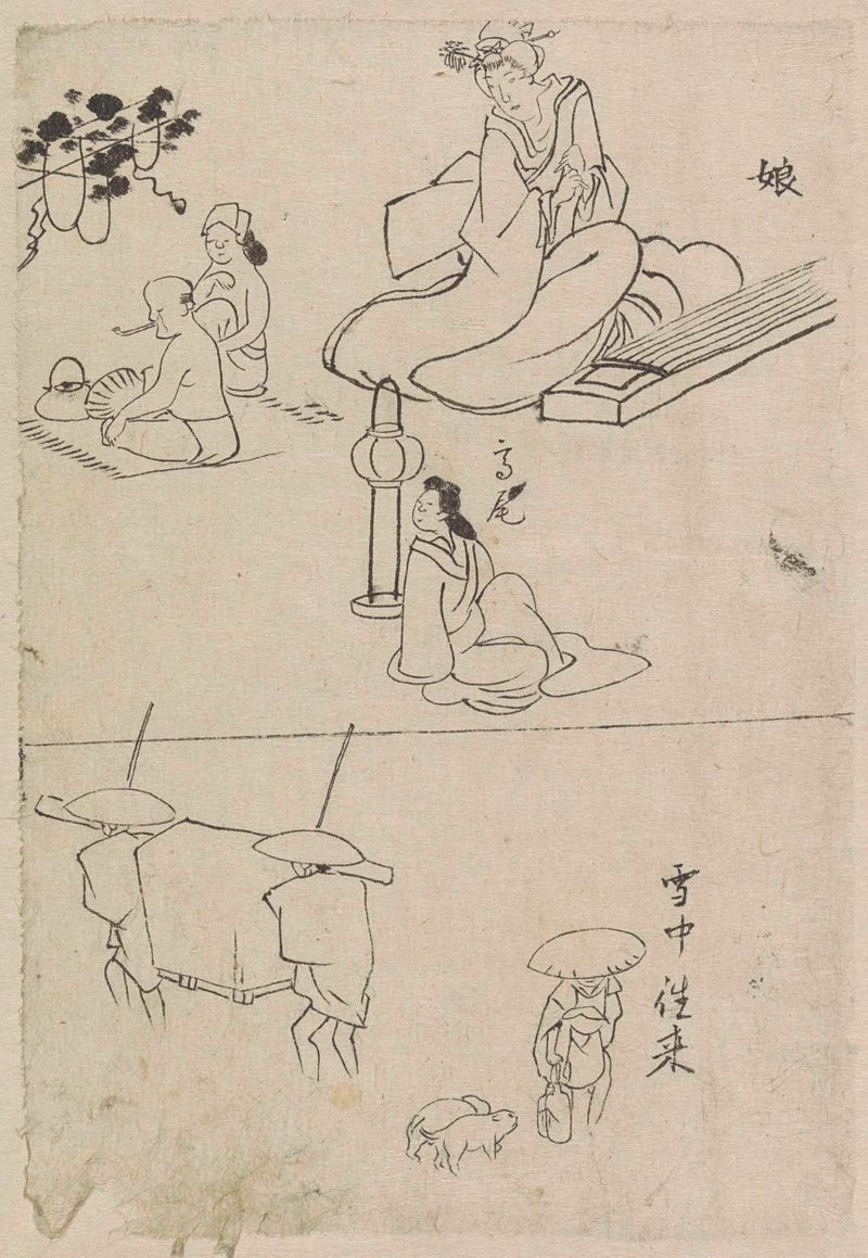 Dibujo figurativo de una mujer con un koto de Unknown Artist