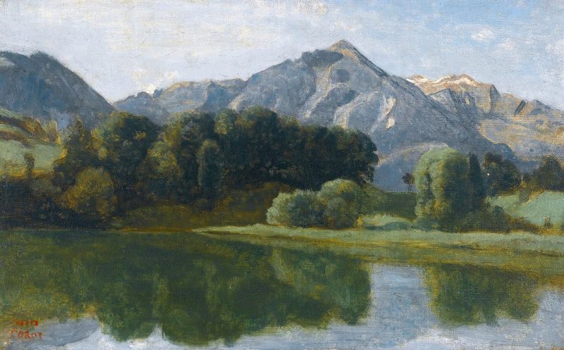 Paisaje con un lago tranquilo y montañas distantes de Jean-Baptiste-Camille Corot, pintura al óleo