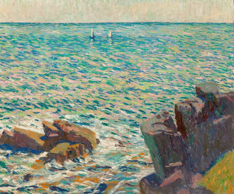 Two Boats by Allen Tucker, oil painting depicting boats on calm water