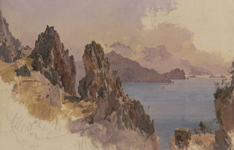 Süditalienische Felsenküste by Johann Nepomuk Rauch, oil painting depicting a rugged coastline.