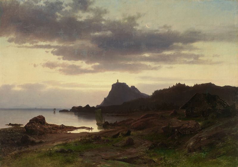 A lighthouse on the coast, oil painting by Sophus Jacobsen