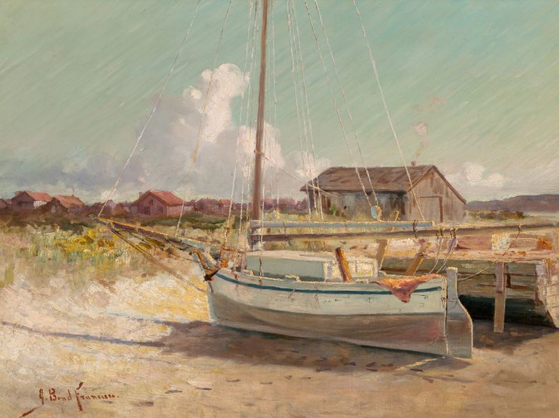 Dry Dock by John Bond Francisco, oil on canvas depicting a tranquil landscape with a weathered dock.